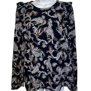 Nanette Lepore Navy Blue Long Sleeve Paisley Floral Ruffle Trim Blouse Sz Large